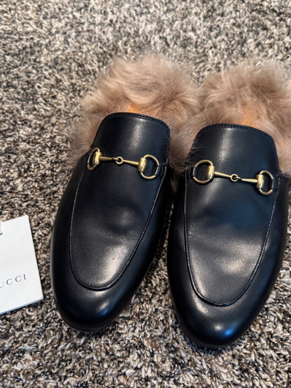 Gucci Black Leather Fur-Lined Horsebit Loafers Princeton size 38